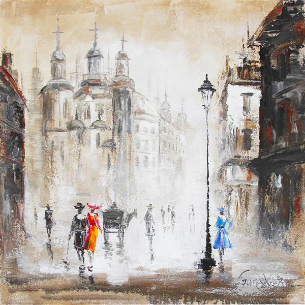 HA086 Wall décor art oil on canvas street scene brown tones